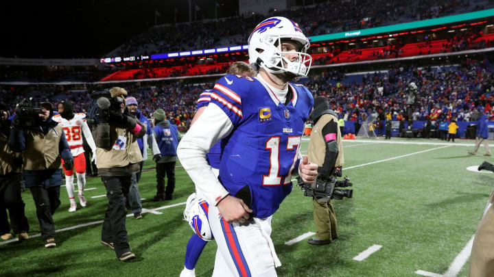 Buffalo Bills quarterback Josh Allen (17) runs off the field after a 27-24 loss to the Chiefs in the divisional round.