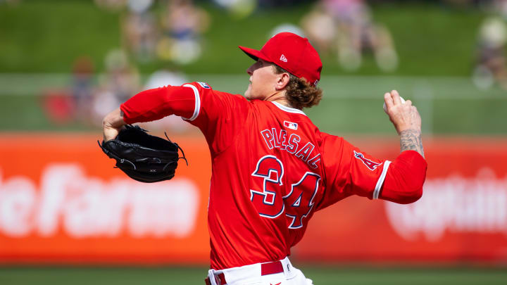 Feb 27, 2024; Tempe, Arizona, USA; Los Angeles Angels pitcher Zach Plesac against the Milwaukee Brewers during a spring training game at Tempe Diablo Stadium. Mandatory Credit: Mark J. Rebilas-USA TODAY Sports Feb 27, 2024; Tempe, Arizona, USA; Los Angeles Angels pitcher Zach Plesac against the Milwaukee Brewers during a spring training game at Tempe Diablo Stadium. Mandatory Credit: Mark J. Rebilas-USA TODAY Sports