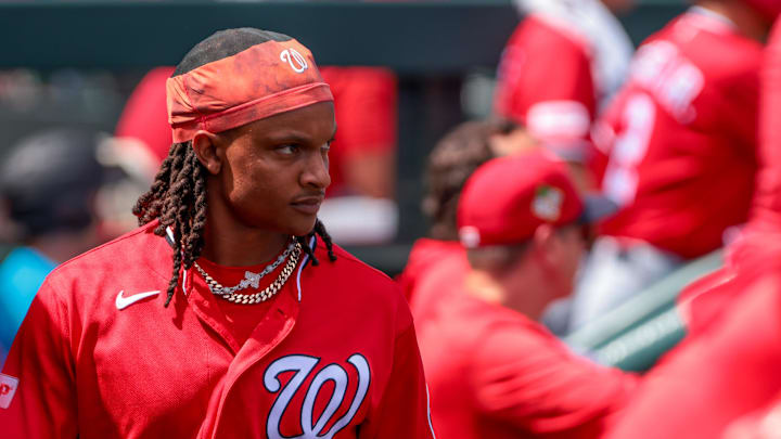 Mar 10, 2026; Jupiter, Florida, USA; Washington Nationals shortstop CJ Abrams (5) looks on from the dugout against the Miami Marlins during the third inning at Roger Dean Chevrolet Stadium. Mandatory Credit: Sam Navarro-Imagn Images