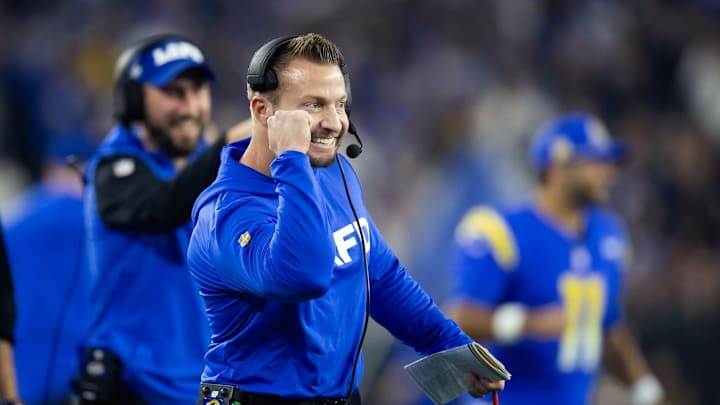 Jan 13, 2025; Glendale, AZ, USA; Los Angeles Rams head coach Sean McVay celebrates a touchdown against the Minnesota Vikings during an NFC wild card game at State Farm Stadium. Mandatory Credit: Mark J. Rebilas-Imagn Images