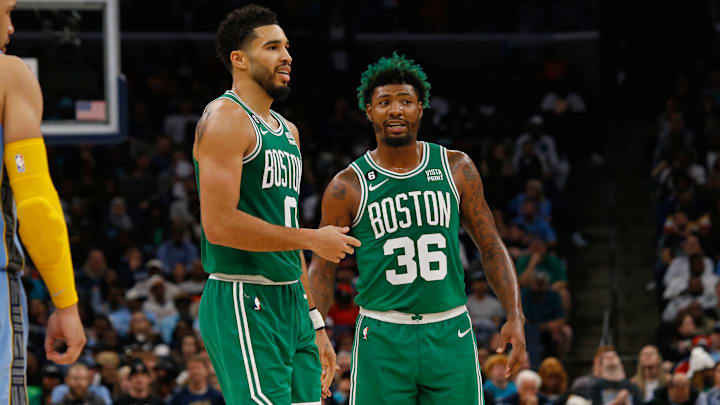 Boston Celtics forward Jayson Tatum and guard Marcus Smart. 