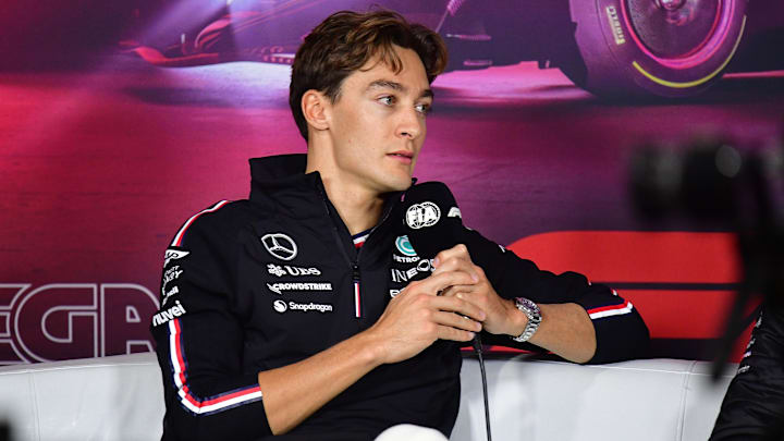 Nov 20, 2024; Las Vegas, Nevada, USA; Mercedes AMG Petronas driver George Russell (63) during media availabilities at Las Vegas Circuit. Mandatory Credit: Gary A. Vasquez-Imagn Images Nov 20, 2024; Las Vegas, Nevada, USA; Mercedes AMG Petronas driver George Russell (63) during media availabilities at Las Vegas Circuit. Mandatory Credit: Gary A. Vasquez-Imagn Images
