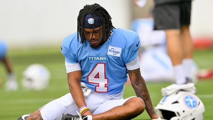 Aug 3, 2026; Nashville, TN, USA; Tennessee Titans wide receiver Wan'Dale Robinson (4) stretches during training camp at Vanderbilt Health Football Center. Mandatory Credit: Steve Roberts-Imagn Images Aug 3, 2026; Nashville, TN, USA; Tennessee Titans wide receiver Wan'Dale Robinson (4) stretches during training camp at Vanderbilt Health Football Center. Mandatory Credit: Steve Roberts-Imagn Images