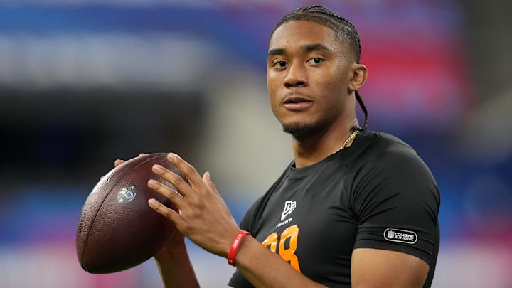 Arkansas quarterback Taylen Green (QB08) during the NFL Scouting Combine at Lucas Oil Stadium.