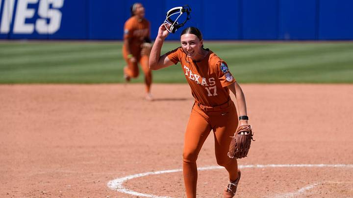 Texas Longhorns pitcher Teagan Kavan (17) celebrates after the second softball game of the day between the University of Texas Longhorns and the Tennessee Lady Volunteers in the Women's College World Series at Devon Park in Oklahoma City, Monday, June 1, 2026. Texas Longhorns pitcher Teagan Kavan (17) celebrates after the second softball game of the day between the University of Texas Longhorns and the Tennessee Lady Volunteers in the Women's College World Series at Devon Park in Oklahoma City, Monday, June 1, 2026.