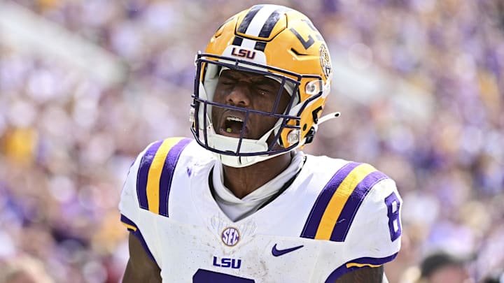 Sep 16, 2023; Starkville, Mississippi, USA; LSU Tigers wide receiver Malik Nabers (8) reacts after a Sep 16, 2023; Starkville, Mississippi, USA; LSU Tigers wide receiver Malik Nabers (8) reacts after a