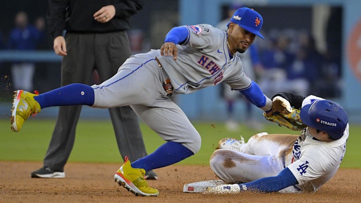 Lindor tags Ohtani during Game 1 of the NLCS.