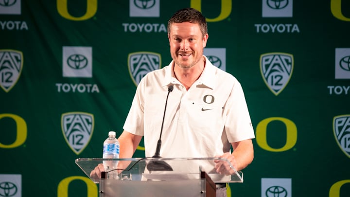 Oregon head coach Dan Lanning speaks to members of the media during the 2023 Oregon Football Media Day.