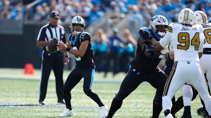 Nov 9, 2025; Charlotte, North Carolina, USA; Carolina Panthers quarterback Bryce Young (9) drops back to pass during the first quarter against the New Orleans Saints at Bank of America Stadium. Mandatory Credit: Jim Dedmon-Imagn Images Nov 9, 2025; Charlotte, North Carolina, USA; Carolina Panthers quarterback Bryce Young (9) drops back to pass during the first quarter against the New Orleans Saints at Bank of America Stadium. Mandatory Credit: Jim Dedmon-Imagn Images