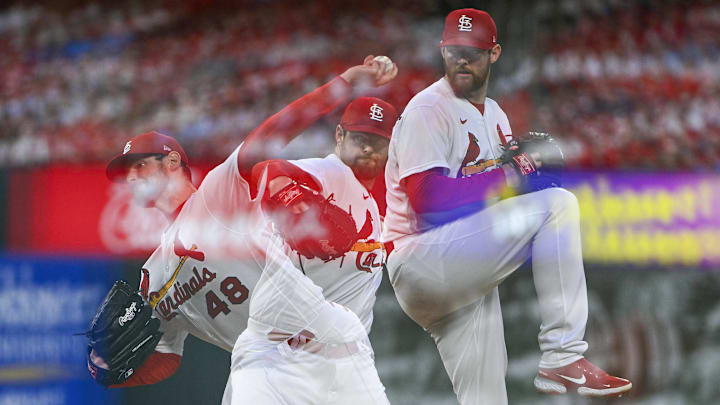 Sep 7, 2022; St. Louis, Missouri, USA; (Editors note: in camera multiple exposure) St. Louis Cardinals starting pitcher Jordan Montgomery (48) pitches against the Washington Nationals during the second inning at Busch Stadium. Mandatory Credit: Jeff Curry-Imagn Images Sep 7, 2022; St. Louis, Missouri, USA; (Editors note: in camera multiple exposure) St. Louis Cardinals starting pitcher Jordan Montgomery (48) pitches against the Washington Nationals during the second inning at Busch Stadium. Mandatory Credit: Jeff Curry-Imagn Images