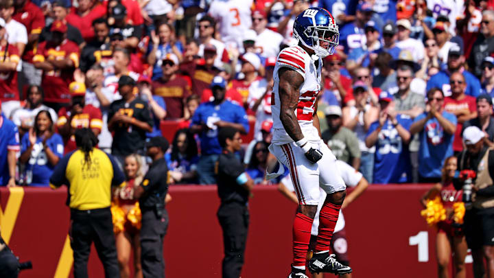 Sep 15, 2024; Landover, Maryland, USA; New York Giants cornerback Dru Phillips (22) reacts after a play during the first quarter against the Washington Commanders at Commanders Field. Mandatory Credit: Peter Casey-Imagn Images