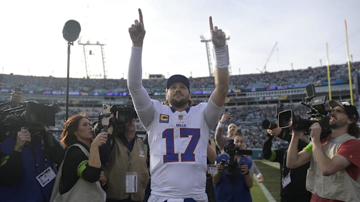 Buffalo Bills quarterback Josh Allen (17) after an AFC Wild Card Round game against the Jacksonville Jaguars at EverBank Stadium.