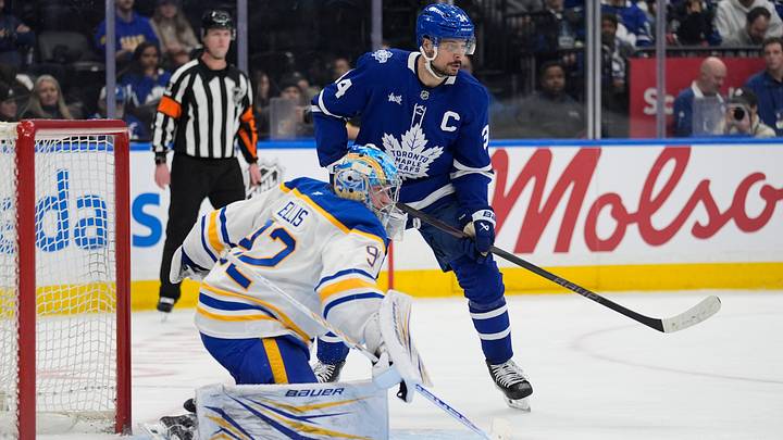 Toronto Maple Leafs forward Auston Matthews and Buffalo Sabres goaltender Colten Ellis Toronto Maple Leafs forward Auston Matthews and Buffalo Sabres goaltender Colten Ellis