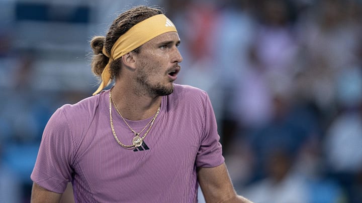 Aug 18 2024; Cincinnati, OH, USA; Alexander Zverev of Germany reacts to a point during his match against Jannik Sinner of Italy on day seven of the Cincinnati Open. Mandatory Credit: Susan Mullane-Imagn Images Aug 18 2024; Cincinnati, OH, USA; Alexander Zverev of Germany reacts to a point during his match against Jannik Sinner of Italy on day seven of the Cincinnati Open. Mandatory Credit: Susan Mullane-Imagn Images