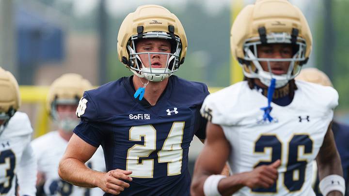 Tight end Ian Premer (24) during a Notre Dame football practice at Irish Athletic Center on Thursday, Aug. 6, 2026, in South Bend. Tight end Ian Premer (24) during a Notre Dame football practice at Irish Athletic Center on Thursday, Aug. 6, 2026, in South Bend.