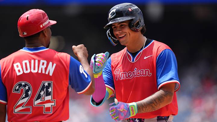 Jul 12, 2026; Philadelphia, PA, USA; American League infielder Ralphy Velazquez (22) reacts after hitting an RBI single against the National League in the seventh inning at Citizens Bank Park. Mandatory Credit: Kyle Ross-Imagn Images Jul 12, 2026; Philadelphia, PA, USA; American League infielder Ralphy Velazquez (22) reacts after hitting an RBI single against the National League in the seventh inning at Citizens Bank Park. Mandatory Credit: Kyle Ross-Imagn Images