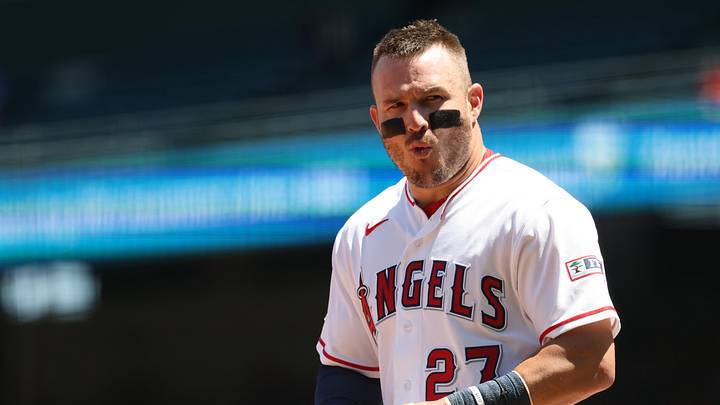 May 6, 2026; Anaheim, California, USA;  Los Angeles Angels center fielder Mike Trout (27) looks on during the second inning against the Chicago White Sox at Angel Stadium. Mandatory Credit: Kiyoshi Mio-Imagn Images