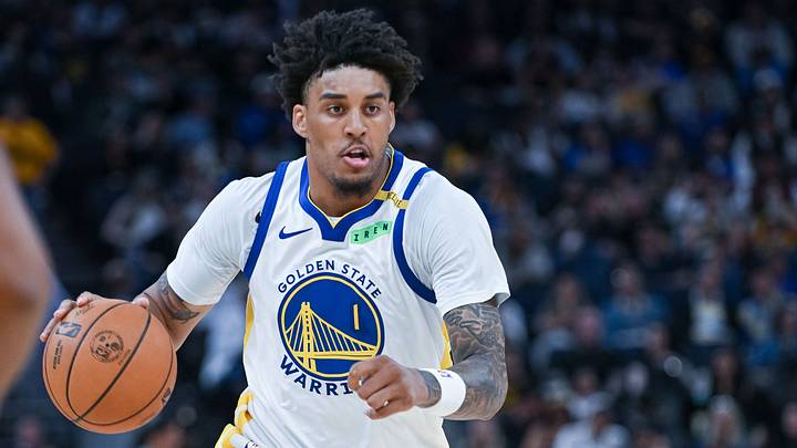 Oct 6, 2026; San Francisco, California, USA;  Golden State Warriors forward Yaxel Lendeborg (1) pushes the ball up the court during the third quarter of the game against the Los Angeles Lakers at Chase Center.  Mandatory Credit: Ed Szczepanski-Imagn Images