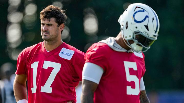 Indianapolis Colts quarterback Daniel Jones (17) stands on the field with Indianapolis Colts quarterback Anthony Richardson Sr. (5) on Wednesday, July 29, 2026, during the Colts Camp Kickoff at Grand Park in Westfield. Indianapolis Colts quarterback Daniel Jones (17) stands on the field with Indianapolis Colts quarterback Anthony Richardson Sr. (5) on Wednesday, July 29, 2026, during the Colts Camp Kickoff at Grand Park in Westfield.