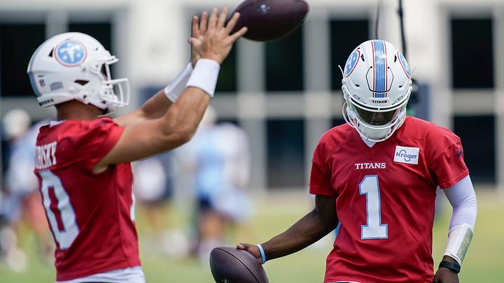 Tennessee Titans quarterback Cam Ward (1) and quarterback Mitchell Trubisky (10) warm up during mandatory minicamp at Vanderbilt Health Football Center in Nashville, Tenn., Wednesday, June 17, 2026. Tennessee Titans quarterback Cam Ward (1) and quarterback Mitchell Trubisky (10) warm up during mandatory minicamp at Vanderbilt Health Football Center in Nashville, Tenn., Wednesday, June 17, 2026.