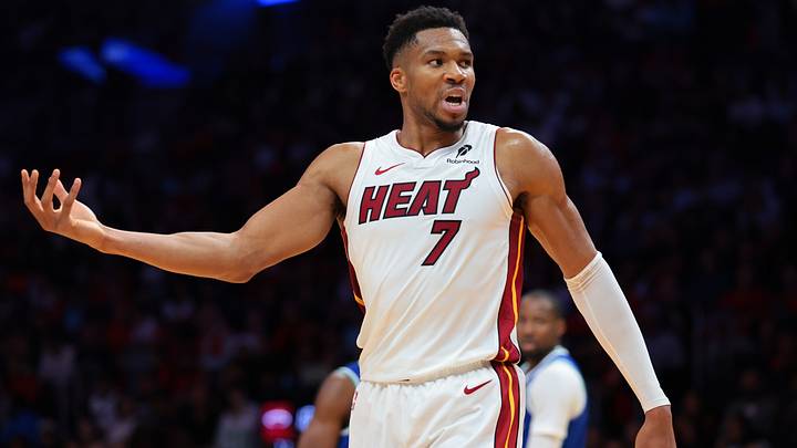 Miami Heat forward Giannis Antetokounmpo (7) reacts (Mandatory Credit: Sam Navarro-Imagn Images) Miami Heat forward Giannis Antetokounmpo (7) reacts (Mandatory Credit: Sam Navarro-Imagn Images)