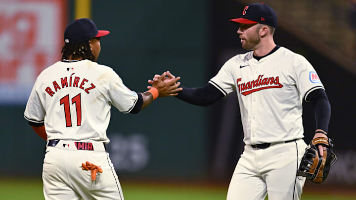 Sep 14, 2024; Cleveland, Ohio, USA; Cleveland Guardians third baseman Jose Ramirez (11) celebrates with first baseman David Fry (6) after the Guardians beat the Tampa Bay Rays at Progressive Field. Mandatory Credit: Ken Blaze-Imagn Images