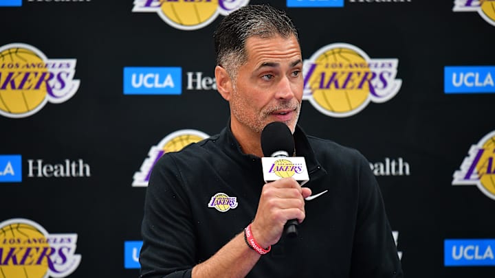 Sep 26, 2022; El Segundo, CA, USA; Los Angeles Lakers general manager Rob Pelinka speaks during Lakers Media Day at UCLA Health Training Center. Mandatory Credit: Gary A. Vasquez-Imagn Images