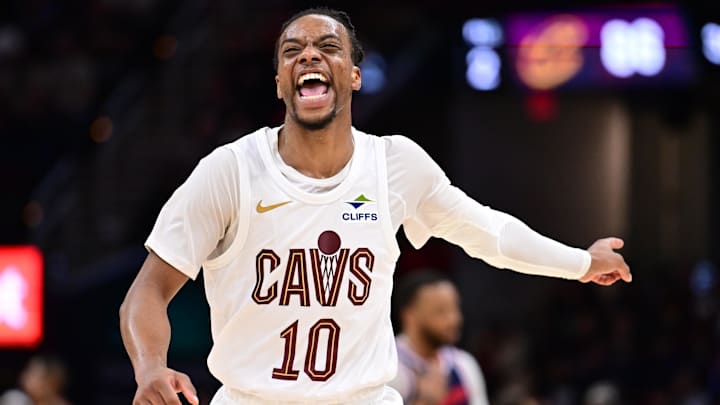 Mar 30, 2025; Cleveland, Ohio, USA; Cleveland Cavaliers guard Darius Garland (10) celebrates during the second half against the Los Angeles Clippers at Rocket Arena. Mandatory Credit: Ken Blaze-Imagn Images
