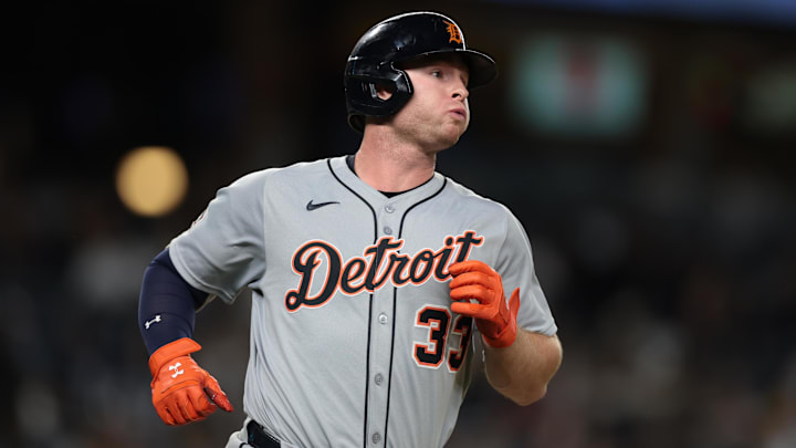 Detroit Tigers second baseman Colt Keith (33) hits a two run home run during the ninth inning against the New York Yankees at Yankee Stadium.