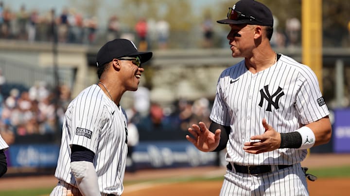 Feb 25, 2024; Tampa, Florida, USA;  New York Yankees left fielder Juan Soto (22) and right fielder