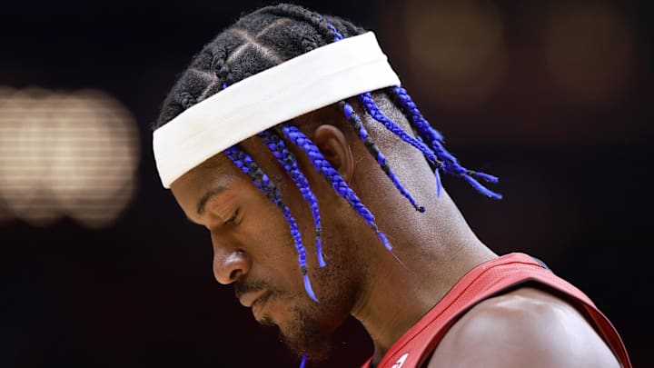 Dec 8, 2024; Miami, Florida, USA;  Miami Heat forward Jimmy Butler's (22) looks on before the game against the Cleveland Cavaliers during the first half at Kaseya Center. Mandatory Credit: Rhona Wise-Imagn Images