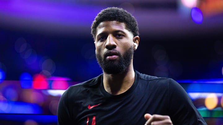 Mar 27, 2024; Philadelphia, Pennsylvania, USA; LA Clippers forward Paul George before action against the Philadelphia 76ers at Wells Fargo Center. Mandatory Credit: Bill Streicher-USA TODAY Sports