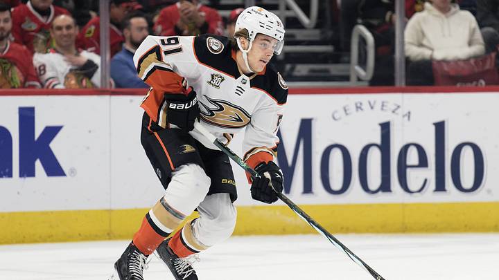 Anaheim Ducks forward Leo Carlsson (91) skates against the Chicago Blackhawks at United Center. Mandatory Credit: Jamie Sabau-USA TODAY Sports Anaheim Ducks forward Leo Carlsson (91) skates against the Chicago Blackhawks at United Center. Mandatory Credit: Jamie Sabau-USA TODAY Sports
