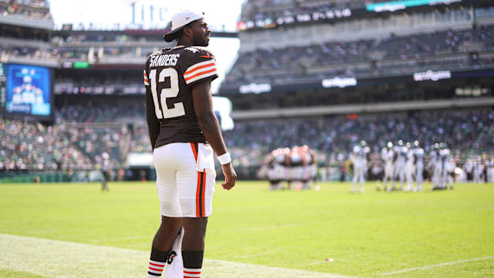 Aug 16, 2025; Philadelphia, Pennsylvania, USA; Cleveland Browns quarterback Shedeur Sanders (12) watches third quarter action against the Philadelphia Eagles at Lincoln Financial Field. Mandatory Credit: Bill Streicher-Imagn Images Aug 16, 2025; Philadelphia, Pennsylvania, USA; Cleveland Browns quarterback Shedeur Sanders (12) watches third quarter action against the Philadelphia Eagles at Lincoln Financial Field. Mandatory Credit: Bill Streicher-Imagn Images