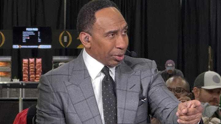 Jan 20, 2025; Atlanta, GA, USA; ESPN personality Stephen A. Smith on the ESPN First Take set at the CFP Fan Central at the George World Congress Center. Mandatory Credit: Kirby Lee-Imagn Images