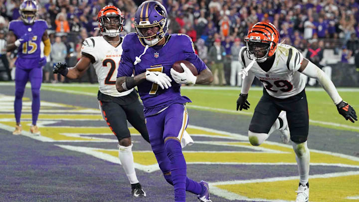 Nov 7, 2024; Baltimore, Maryland, USA; Baltimore Ravens wide receiver Rashod Bateman (7) scores a fourth quarter touchdown against the Cincinnati Bengals at M&T Bank Stadium. Mandatory Credit: Mitch Stringer-Imagn Images Nov 7, 2024; Baltimore, Maryland, USA; Baltimore Ravens wide receiver Rashod Bateman (7) scores a fourth quarter touchdown against the Cincinnati Bengals at M&T Bank Stadium. Mandatory Credit: Mitch Stringer-Imagn Images