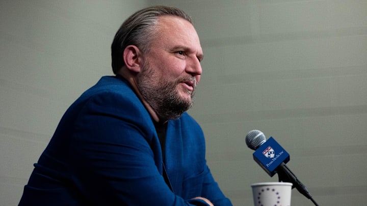 Dec 15, 2023; Philadelphia, Pennsylvania, USA; Philadelphia 76ers resident of Basketball Operations Daryl Morey speaks with the media before a game against the Detroit Pistons at Wells Fargo Center. Mandatory Credit: Bill Streicher-Imagn Images Dec 15, 2023; Philadelphia, Pennsylvania, USA; Philadelphia 76ers resident of Basketball Operations Daryl Morey speaks with the media before a game against the Detroit Pistons at Wells Fargo Center. Mandatory Credit: Bill Streicher-Imagn Images