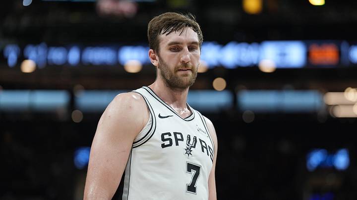 Mar 30, 2026; San Antonio, Texas, USA;  San Antonio Spurs center Luke Kornet (7) looks down in the second half against the Chicago Bulls at Frost Bank Center. Mandatory Credit: Daniel Dunn-Imagn Images