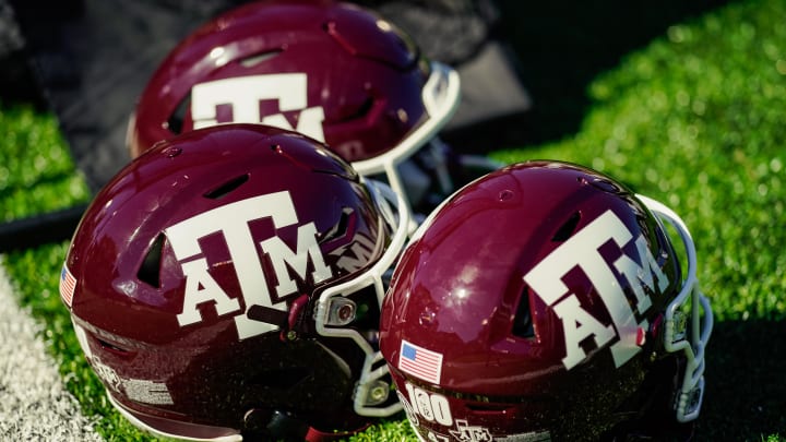 Oct 16, 2021; Columbia, Missouri, USA; A detailed view of Texas A&M Aggies helmets