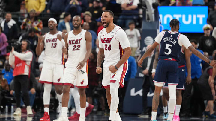 Nov 3, 2025; Inglewood, California, USA; Miami Heat guard Norman Powell (24) celebrates at the end of the game against the LA Clippers at Intuit Dome. Mandatory Credit: Kirby Lee-Imagn Images