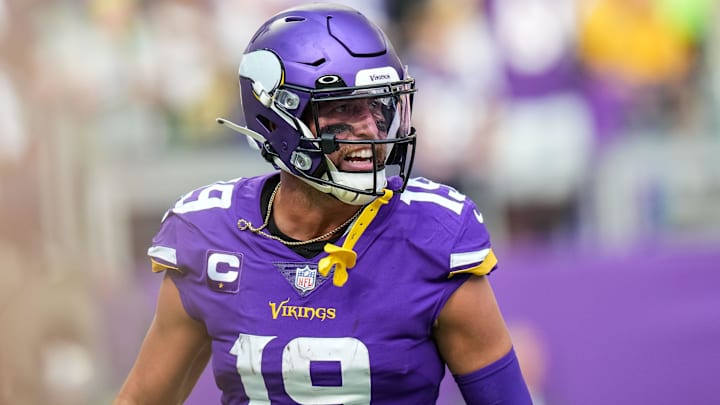 Sep 26, 2021; Minneapolis, Minnesota, USA; Minnesota Vikings wide receiver Adam Thielen (19) celebrates a touchdown during the second quarter against Seattle Seahawks at U.S. Bank Stadium. Mandatory Credit: Brace Hemmelgarn-Imagn Images
