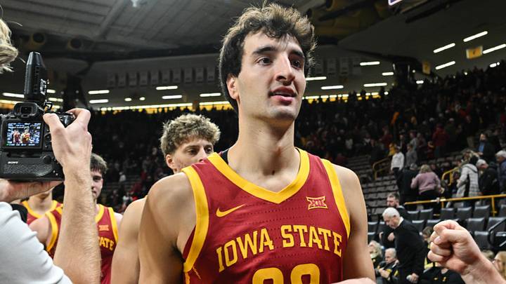 Dec 12, 2024; Iowa City, Iowa, USA; Iowa State Cyclones forward Milan Momcilovic (22) reacts after the game against the Iowa Hawkeyes during the second half at Carver-Hawkeye Arena. Mandatory Credit: Jeffrey Becker-Imagn Images Dec 12, 2024; Iowa City, Iowa, USA; Iowa State Cyclones forward Milan Momcilovic (22) reacts after the game against the Iowa Hawkeyes during the second half at Carver-Hawkeye Arena. Mandatory Credit: Jeffrey Becker-Imagn Images