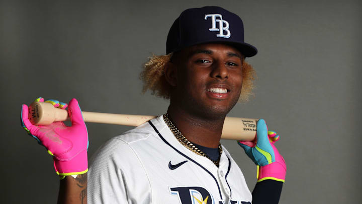 Feb 17, 2025; Port Charlotte, FL, USA;  Tampa Bay Rays infielder Tre Morgan (92) poses for a photo during media day Mandatory Credit: Kim Klement Neitzel-Imagn Images