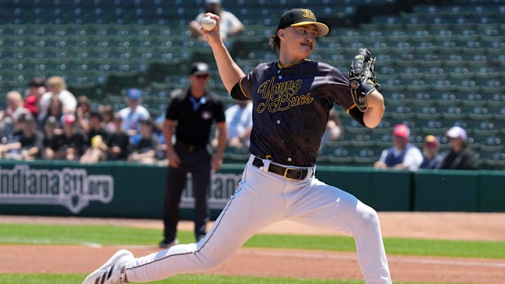 Indianapolis Indians starting pitcher Bubba Chandler (53) throws to Louisville Bats outfielder Jacob Hurtubise (0) during the first inning of a game Sunday, May 18, 2025, at Victory Field in Indianapolis.