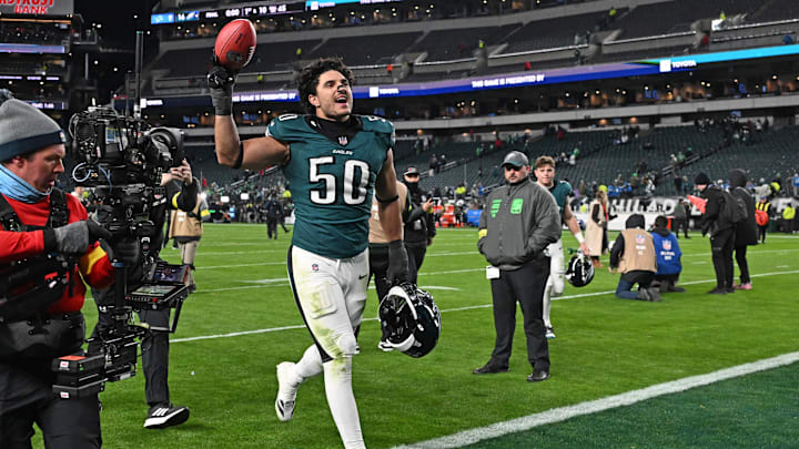 Nov 16, 2025; Philadelphia, Pennsylvania, USA; Philadelphia Eagles linebacker Jaelan Phillips (50) runs off the field after win against the Detroit Lions at Lincoln Financial Field. Mandatory Credit: Eric Hartline-Imagn Images