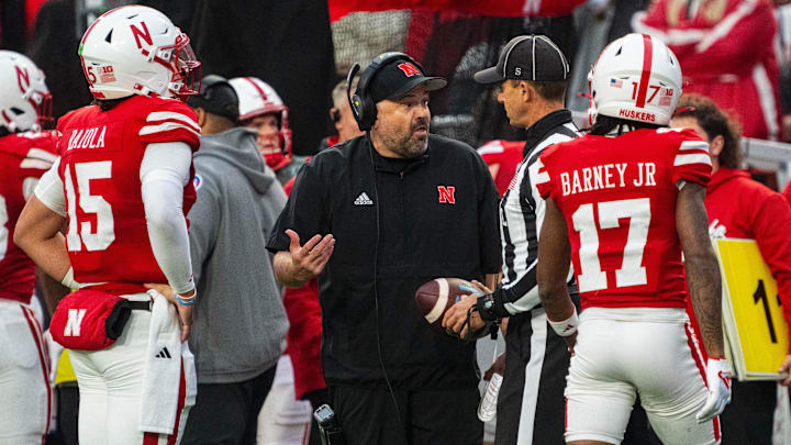 Nov 2, 2024; Lincoln, Nebraska, USA; Nebraska Cornhuskers head coach Matt Rhule talks with an official against the UCLA Bruins during the fourth quarter at Memorial Stadium. 