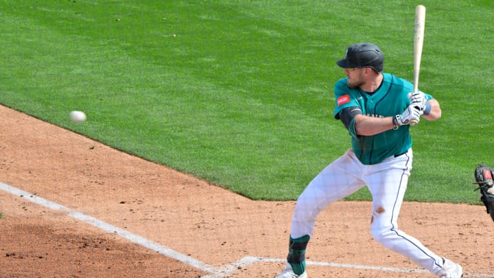 Feb 20, 2026; Peoria, Arizona, USA; Seattle Mariners right fielder Luke Raley (20) at bat in the third inning against the San Diego Padres during a Spring Training game at Peoria Sports Complex. Mandatory Credit: Matt Kartozian-Imagn Images Feb 20, 2026; Peoria, Arizona, USA; Seattle Mariners right fielder Luke Raley (20) at bat in the third inning against the San Diego Padres during a Spring Training game at Peoria Sports Complex. Mandatory Credit: Matt Kartozian-Imagn Images