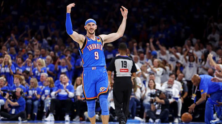 May 28, 2025; Oklahoma City, Oklahoma, USA; Oklahoma City Thunder guard Alex Caruso (9) celebrates after a play during the second quarter against the Minnesota Timberwolves in game five of the western conference finals for the 2025 NBA Playoffs at Paycom Center. Mandatory Credit: Alonzo Adams-Imagn Images