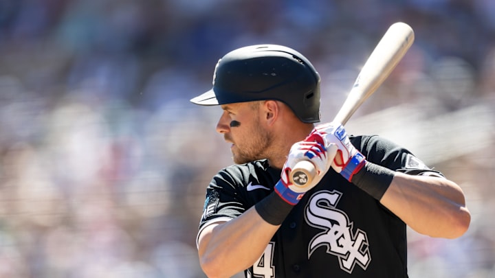 Mar 13, 2026; Phoenix, Arizona, USA; Chicago White Sox outfielder Jarred Kelenic against the Chicago Cubs during a spring training game at Camelback Ranch-Glendale. Mandatory Credit: Mark J. Rebilas-Imagn Images