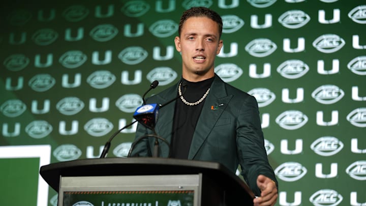 Jul 22, 2025; Charlotte, NC, USA; Miami quarterback Carson Beck answers questions from the media during ACC Media Days at Hilton Charlotte Uptown. Mandatory Credit: Jim Dedmon-Imagn Images